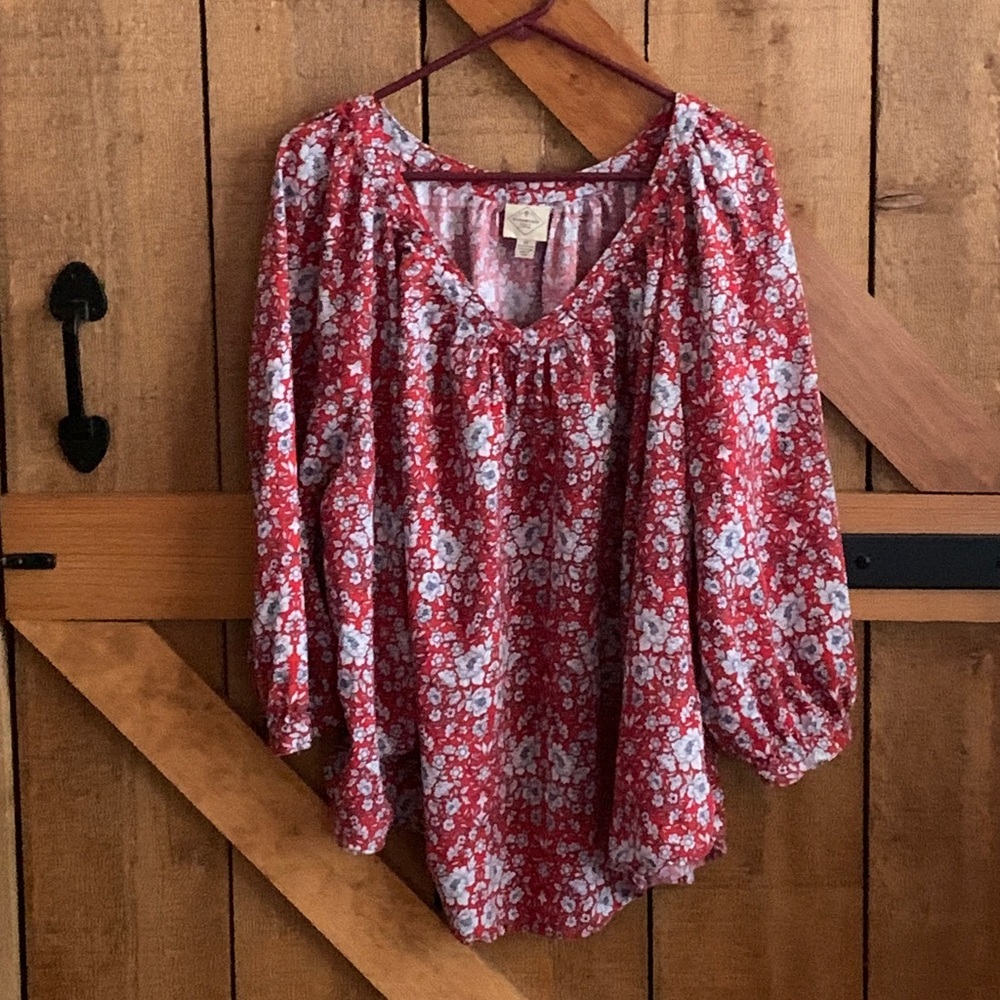 Women’s St John Bay Red White & Blue Floral Pullover V Neck Blouse Size 3X